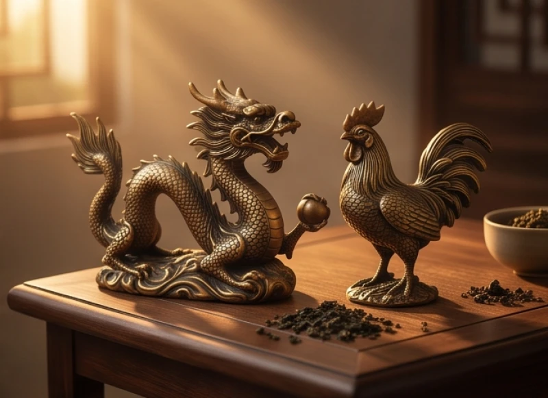 Tuổi Thìn hợp tuổi nào: Tra cứu chi tiết và cách hóa giải 2 Tượng Rồng và Gà trống bằng đồng mạ vàng thể hiện mối quan hệ Lục hợp gắn kết chặt chẽ