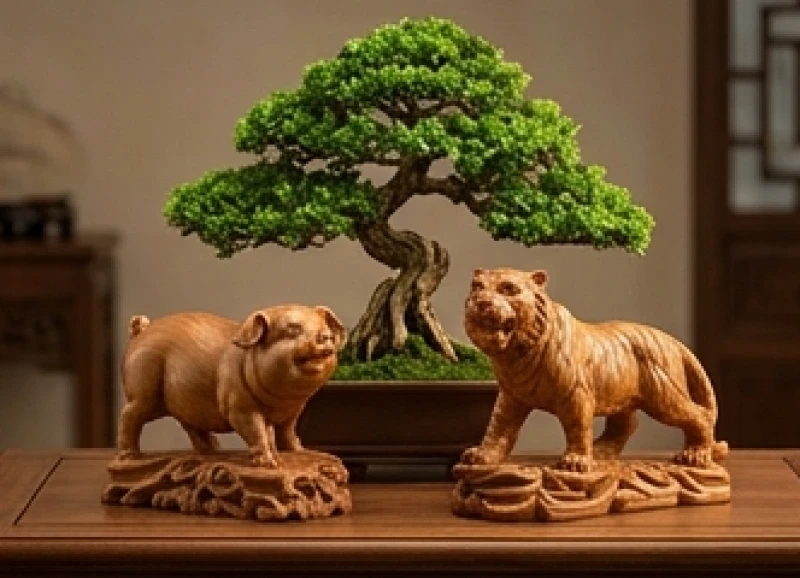 Tượng gỗ linh vật lợn và hổ đặt cạnh nhau dưới bóng cây bonsai tươi tốt đầy sinh khí