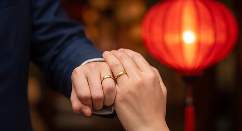 Đôi bàn tay đeo nhẫn cưới đan vào nhau bên cạnh chiếc đèn lồng đỏ truyền thống biểu tượng sự gắn kết