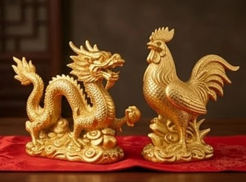 Tuổi Thìn Hợp Kết Hôn Với Tuổi Nào: Phân Biệt Nam Nữ Từng Năm Sinh 3 Cặp đôi rồng và gà trống bằng gốm sứ mạ vàng mang ý nghĩa âm dương hòa hợp
