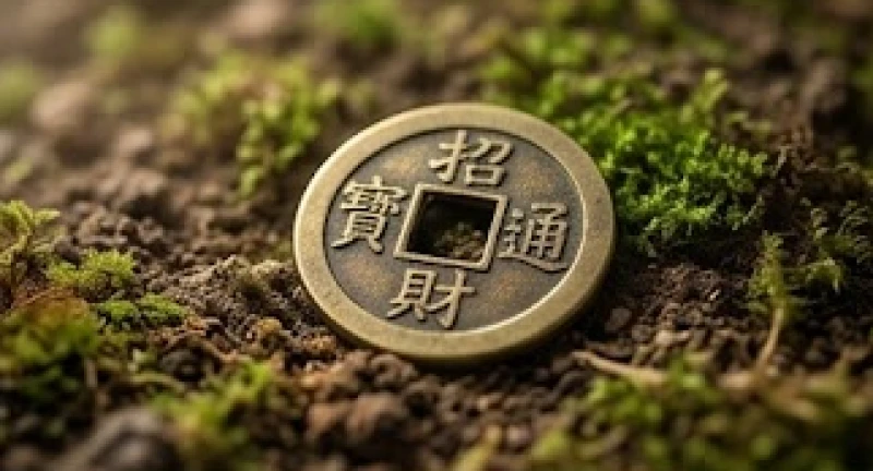 Mơ thấy lượm tiền: Điềm báo theo bối cảnh & mẹo hóa giải 2 Đồng tiền xu cổ bằng đồng thau có lỗ vuông ở giữa đặt trên nền đất mang lại trường năng lượng ổn định