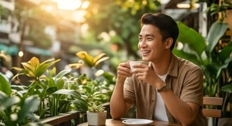 Mơ thấy nói tiếng Anh: Điềm báo tâm lý và cơ chế não bộ 7 Chàng trai ngồi nhâm nhi cà phê và vui vẻ trò chuyện với bạn bè tại một quán nước có không gian mở