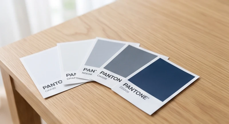 Quý Tỵ 2013 hợp màu gì: Bảng màu nam nữ và mã màu thực tế 3 Các mẫu thẻ màu Pantone với tông trắng, xám và xanh dương được đặt ngay ngắn trên mặt bàn gỗ sáng
