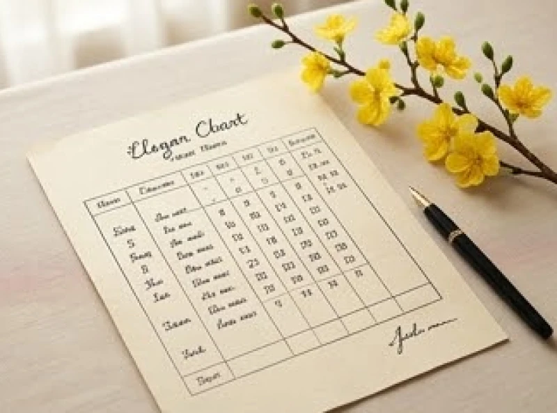 Biểu đồ và ma trận tra cứu điểm phong thủy được viết nắn nót trên giấy đặt cạnh cành hoa mai vàng