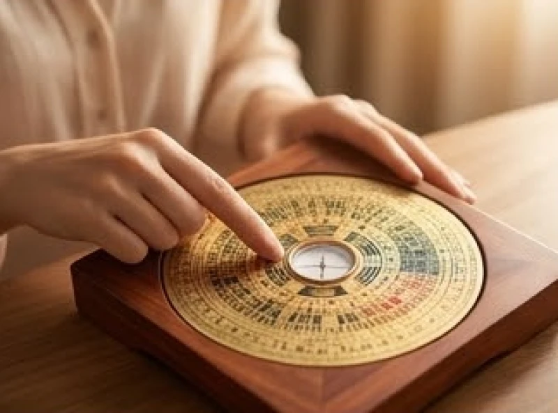 Bàn tay người mẹ đang chỉ vào các cung mệnh trên bàn xoay la bàn phong thủy bằng gỗ