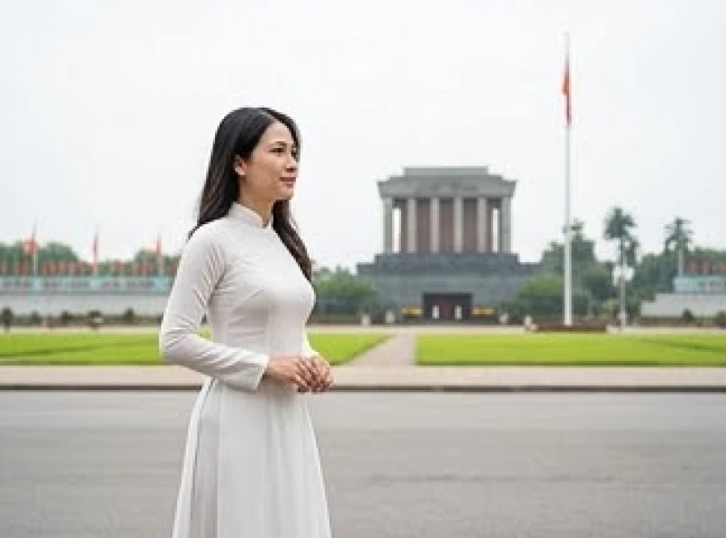 Nữ du khách mặc áo dài truyền thống kín đáo và thanh lịch khi dạo bước quanh khu vực quảng trường thiêng liêng.