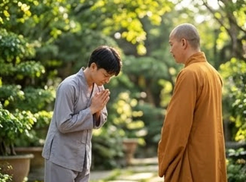 Người đệ tử mặc áo lam giản dị đang chắp tay cúi chào một vị sư thầy trong khuôn viên chùa