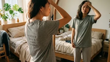 Người đứng trước gương bối rối tìm hiểu mặc áo ngược là điềm gì vào đầu ngày mới