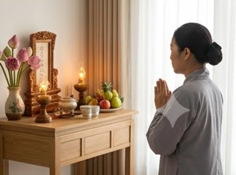 Văn khấn Diêu Trì Kim Mẫu tại nhà: Trình tự dâng lễ và bài cúng 11 Phụ nữ mặc áo tràng lam kín đáo, đứng nghiêm trang chắp tay bái lạy trước bàn thờ
