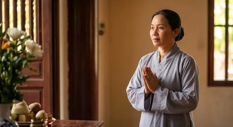 Văn khấn Cô Chín chuẩn nhất: Cách sắm lễ và quy trình dâng hương 7 Phụ nữ mặc áo tràng lam giản dị, kín đáo khi đi dâng hương tại không gian linh thiêng của đền Mẫu