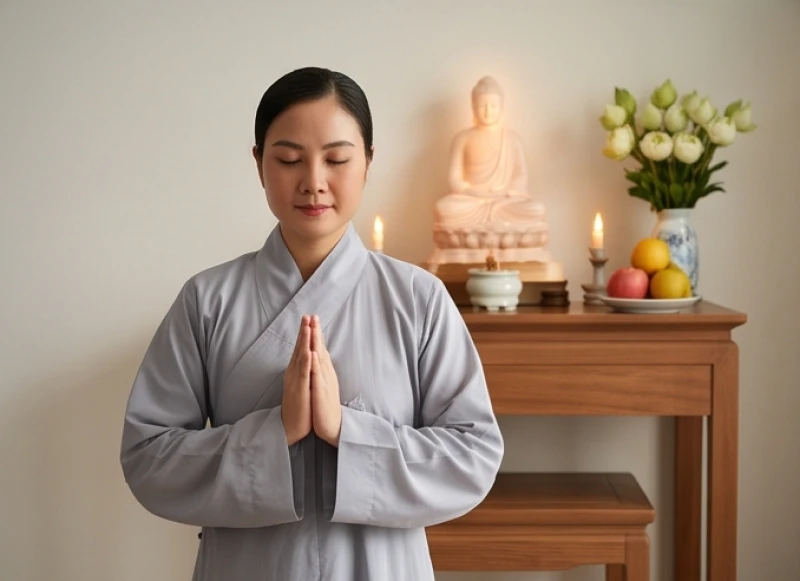 Văn khấn Phật tại nhà: Trọn bộ bài cúng chuẩn và quy tắc dâng lễ 9 Người Phật tử mặc áo tràng lam trang nghiêm thực hiện nghi thức đảnh lễ trước bàn thờ Phật tại gia