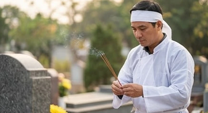 Văn khấn giỗ đầu cha: Mẫu bài cúng chuẩn & quy tắc xưng hô 2 Người con trưởng mặc áo xô và chít khăn tang trắng đang chắp tay thắp hương tại mộ phần cha trong ngày lễ Tiên Thường
