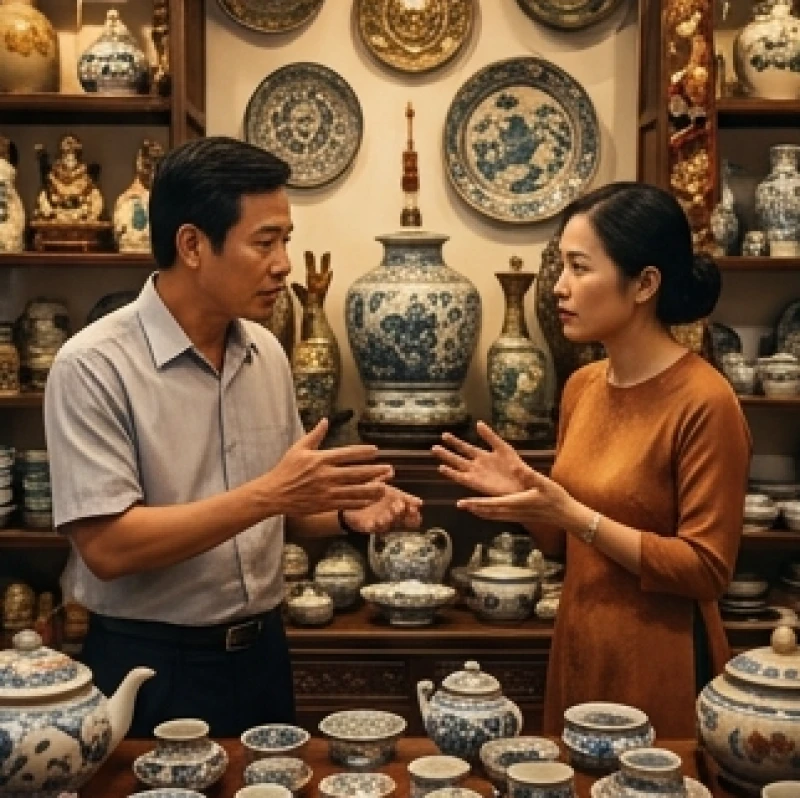 Hai người đang căng thẳng thương lượng giá cả trong một cửa hàng kinh doanh đồ gốm sứ truyền thống