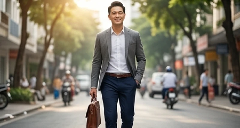 Doanh nhân mặc quần tây tự tin rảo bước trên phố lớn, đón nhận năng lượng hanh thông từ sự cố lỡ mặc quần dài trái