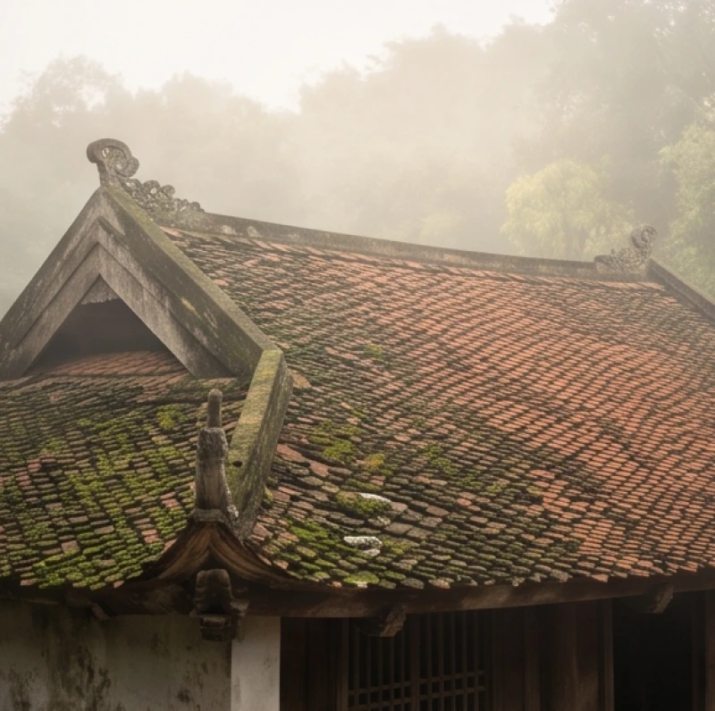 Mái nhà ngói cũ kỹ bám đầy rêu xanh dưới ánh sáng mờ ảo của buổi sớm mai