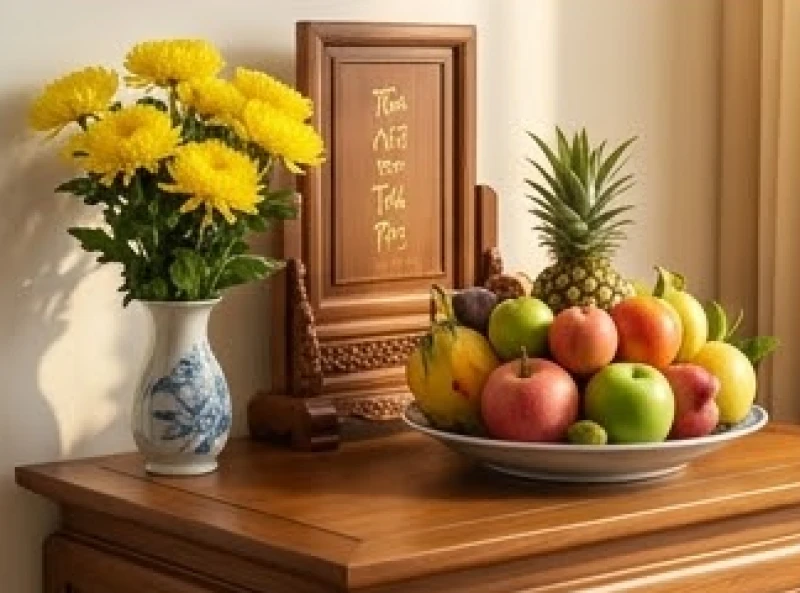 Mâm bồng đựng trái cây tươi và bình hoa cúc vàng được bài trí cân xứng ở phần tiền tế của bàn thờ