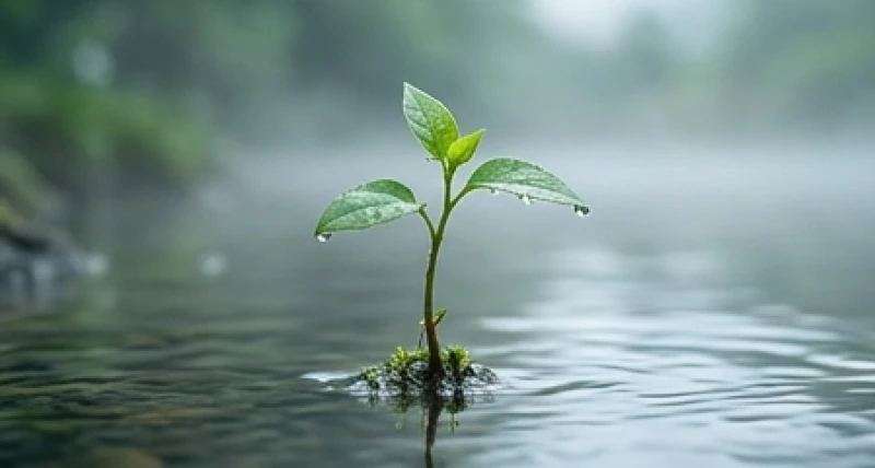 Mầm cây non xanh tươi đang vươn mình mọc sát mép nước ven dòng suối tĩnh lặng trong sương sớm