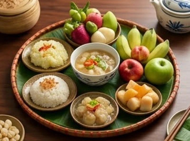 Bàn cúng sao bày biện mâm cỗ chay thanh đạm với xôi chè và hoa tươi trang nhã