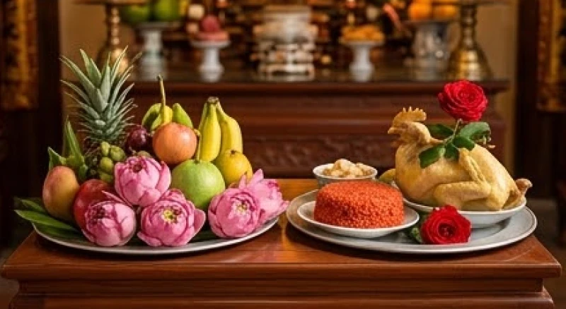 Văn khấn Cô Chín chuẩn nhất: Cách sắm lễ và quy trình dâng hương 3 Sự khác biệt giữa mâm lễ chay với hoa quả tươi và mâm lễ mặn có xôi gấc gà luộc dâng lên Cô Chín