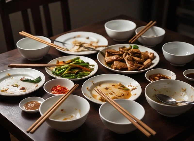 Mâm cỗ Việt Nam gần như trống rỗng với bát đũa còn nguyên chưa được sử dụng, gợi cảm giác bỏ lỡ