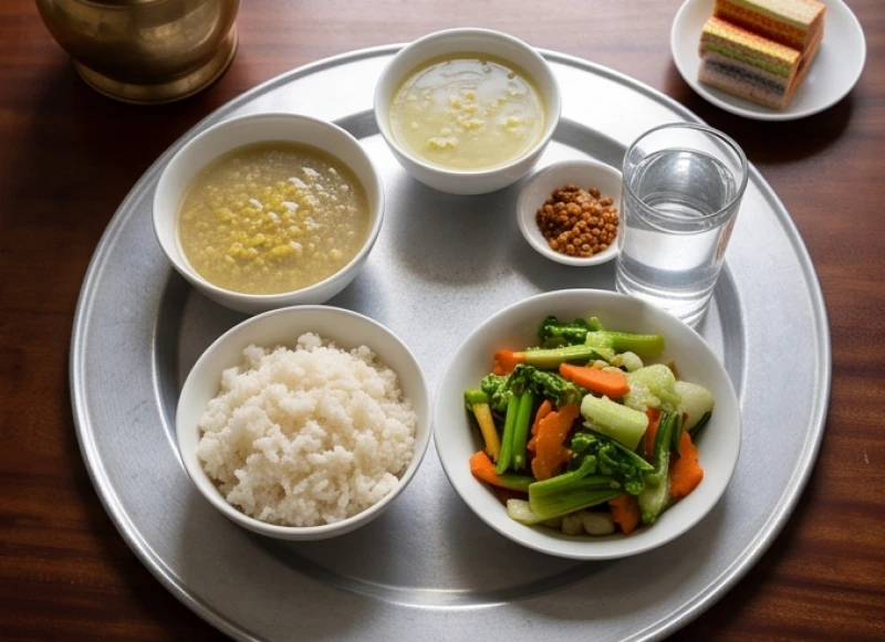 Văn khấn giỗ người mất trẻ: Bài khấn chuẩn & cách sắm mâm lễ 3 Mâm cỗ chay thanh tịnh gồm xôi, chè và các món rau xào được bày biện sạch sẽ trên mâm cúng