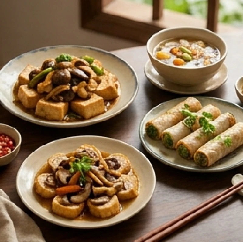 Mâm cỗ chay thanh tịnh gồm đậu hũ sốt nấm và nem rán chay bày biện đẹp mắt trên bàn
