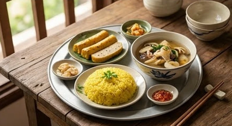 Mâm cỗ chay thanh đạm với xôi vò, giò chay và canh nấm được bày biện trang nghiêm