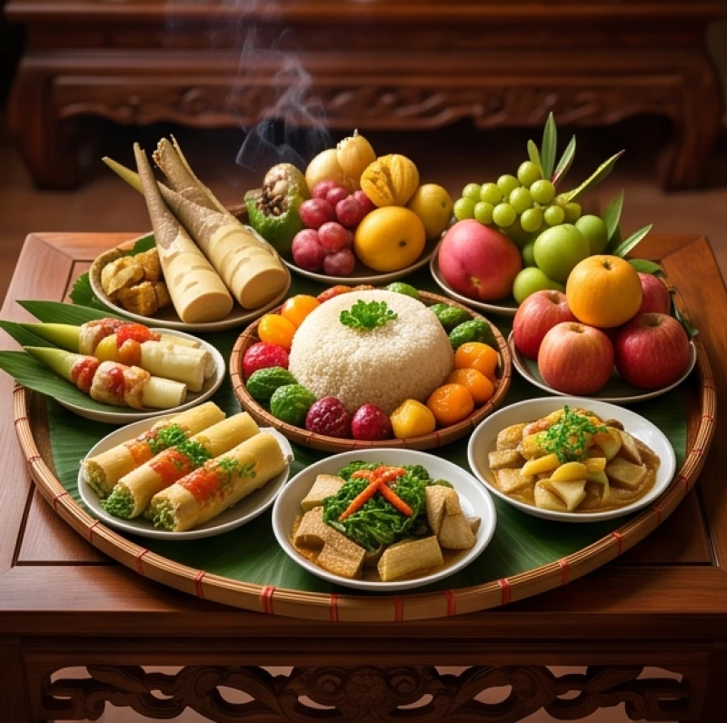Mâm cỗ chay sơn trang dâng Mẫu được bày biện đẹp mắt với xôi chè và đặc sản chay