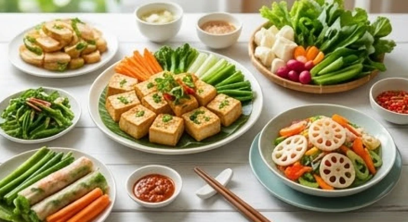 Bàn tiệc chay thanh tịnh với các món rau củ quả tươi mát giúp xoa dịu tâm hồn và cân bằng cảm xúc