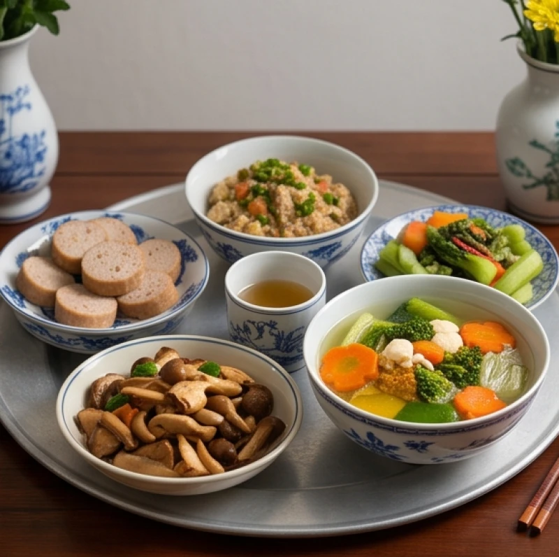 Mâm cúng chay thanh tịnh với nấm xào, giò lụa chay và canh rau củ quả tươi ngon trên bàn thờ