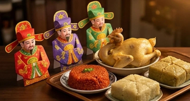 Bộ ba mũ áo giấy Táo quân cùng mâm cỗ mặn truyền thống được bày biện gọn gàng trên ban thờ