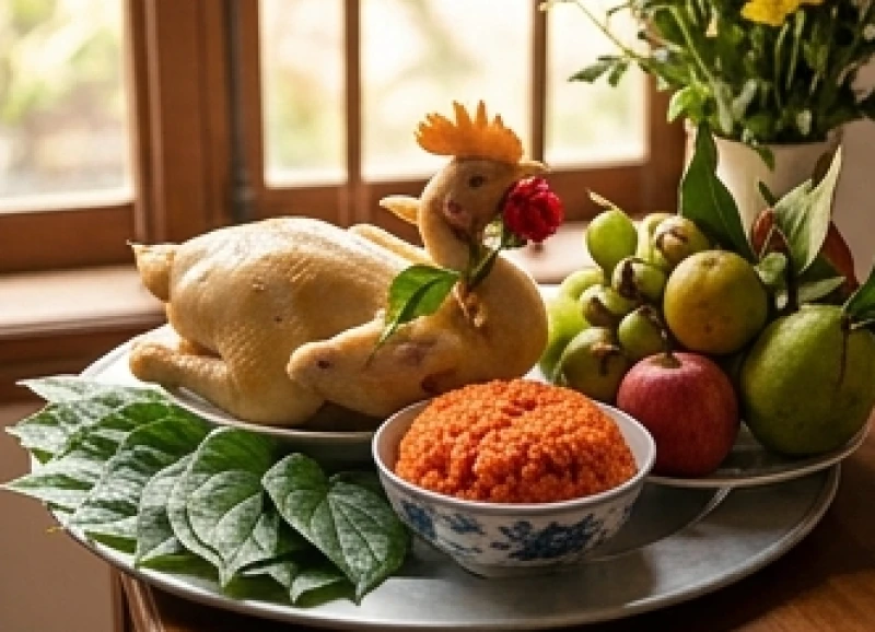 Mâm lễ mặn dâng lên gia tiên gồm gà luộc nguyên con ngậm hoa hồng, xôi gấc, trầu cau và mâm ngũ quả