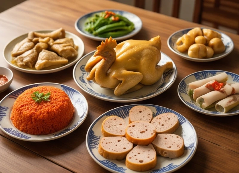 Mâm cỗ mặn truyền thống với gà luộc, xôi gấc và giò lụa được chuẩn bị tươm tất dâng lên tổ tiên