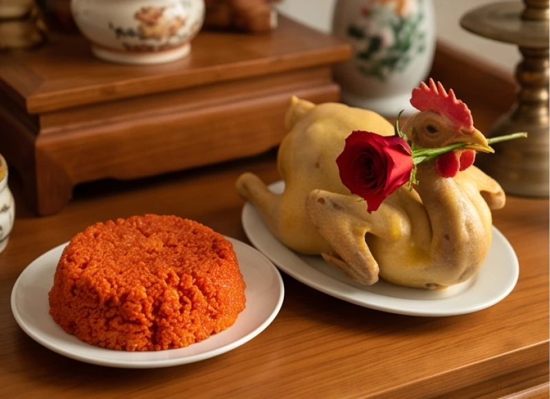Văn khấn mùng 1 hàng tháng: Bài cúng chuẩn và trình tự chi tiết 4 Mâm lễ mặn dâng ban Gia tiên gồm xôi gấc đỏ tươi và gà luộc ngậm hoa hồng được bày biện trang trọng