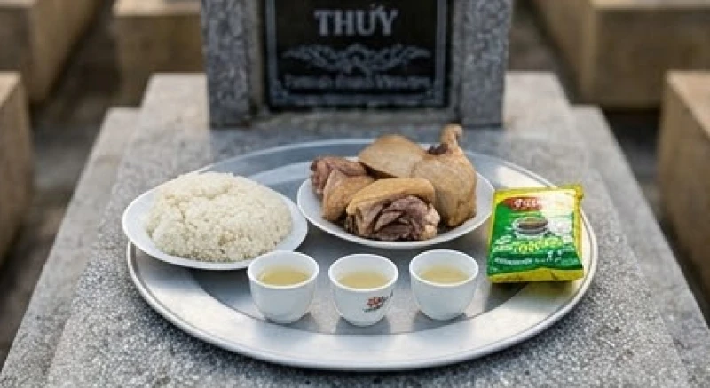 Văn khấn cáo giỗ ngoài mộ: Bài cúng chuẩn & nghi thức thực địa 4 Mâm cỗ mặn với xôi, thịt, rượu và chè được bày biện trang nghiêm trước bia mộ người đã khuất