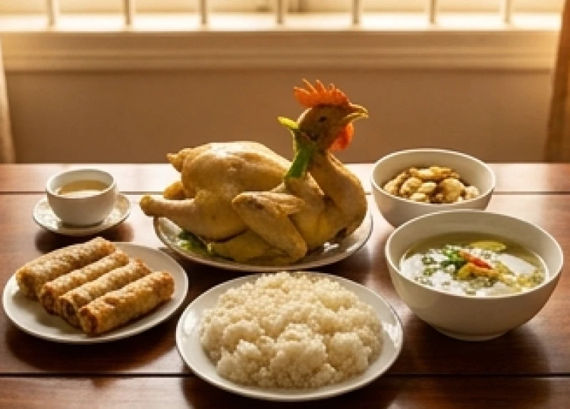 Mâm cỗ mặn dâng lên gia tiên gồm gà luộc xôi chè và các món ăn truyền thống được bày biện đẹp mắt