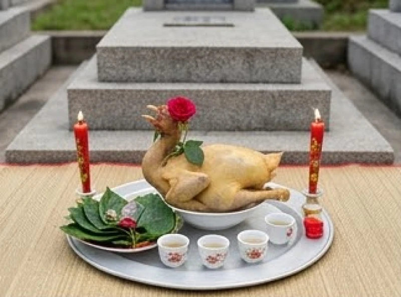 Văn khấn tảo mộ chuẩn cổ truyền và trình tự thực hiện bài bản 3 Mâm cúng gia tiên đầy đặn với gà luộc, hoa quả và rượu trắng được sắp xếp gọn gàng trước tấm bia mộ