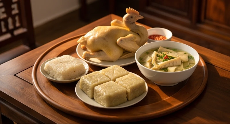 Mâm cỗ mặn truyền thống gồm xôi gà và canh măng được bày biện trang trọng để dâng cúng giỗ hết vợ