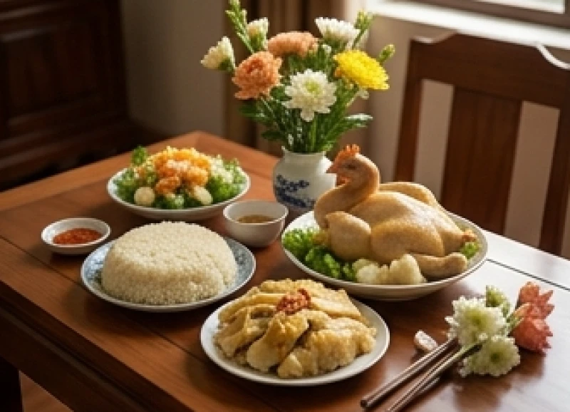 Văn khấn giỗ hết mẹ chuẩn nghi thức: Bài cúng Hiển Tỷ và xả tang 1 Mâm cúng tươm tất với xôi gà và hương hoa được bày biện cẩn thận trong ngày lễ xả tang.
