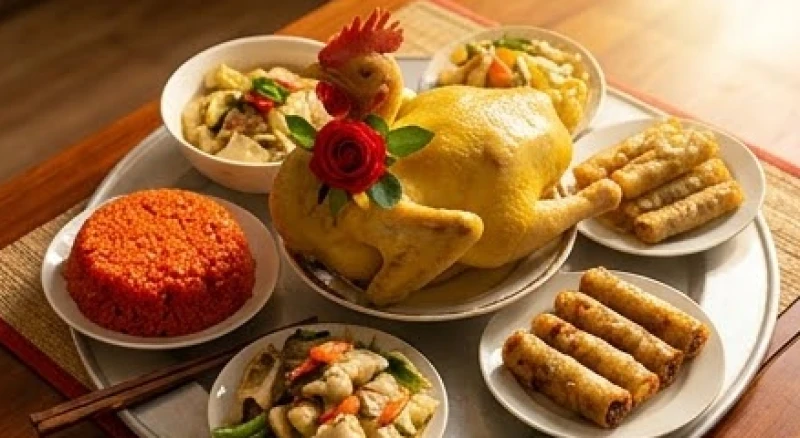 Mâm cỗ mặn cúng tiễn ông bà với tâm điểm là gà luộc ngậm hoa hồng, đĩa xôi gấc và các món ăn truyền thống
