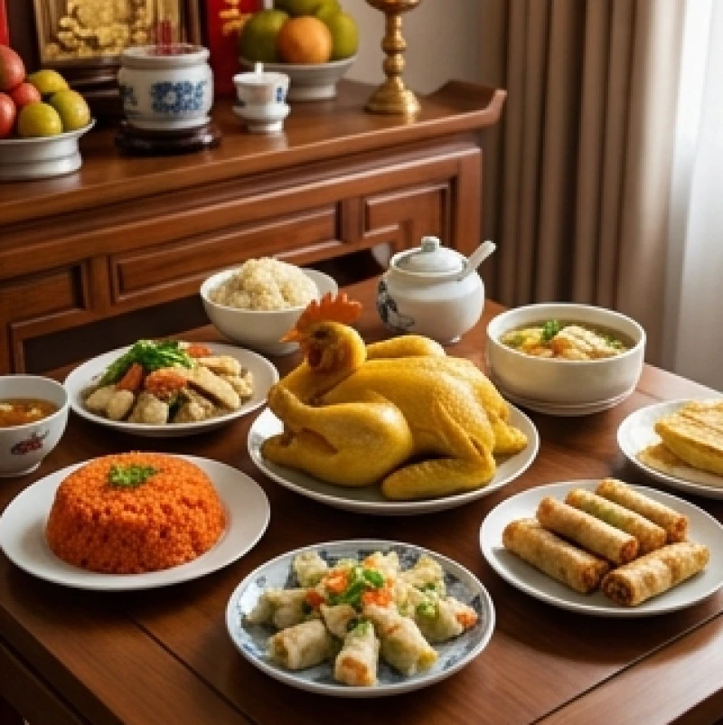 Mâm cỗ mặn thịnh soạn cúng Tất niên chiều 30 Tết được bày biện tươm tất trên bàn thờ gia tiên