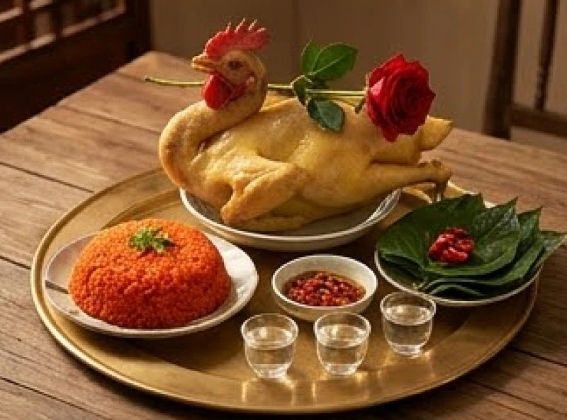 Mâm cỗ cúng truyền thống với gà luộc ngậm hoa hồng xôi gấc và trầu cau têm cánh phượng