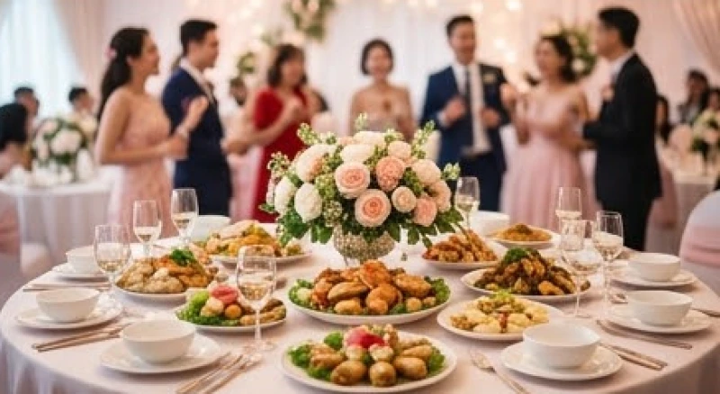 Bàn tiệc đám cưới ngập tràn món ngon và ánh sáng rực rỡ tượng trưng cho hỷ sự và tài lộc khởi sắc