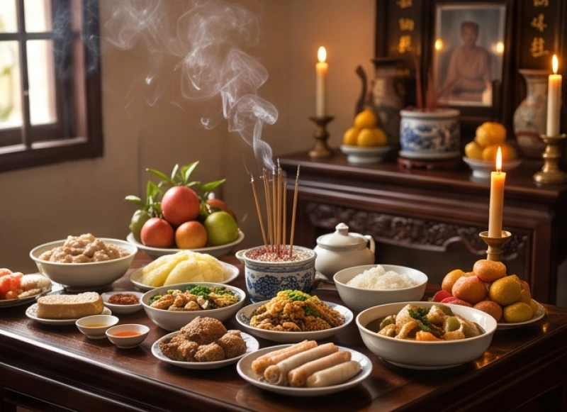 Mâm cỗ đám giỗ Việt Nam với hương khói và các món truyền thống đặt trước bàn thờ tổ tiên