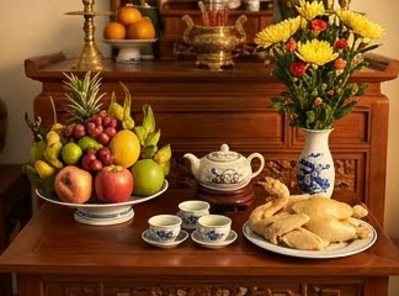 Mâm lễ vật gồm hương hoa quả tươi và cỗ mặn được sắp xếp tươm tất trên ban thờ truyền thống