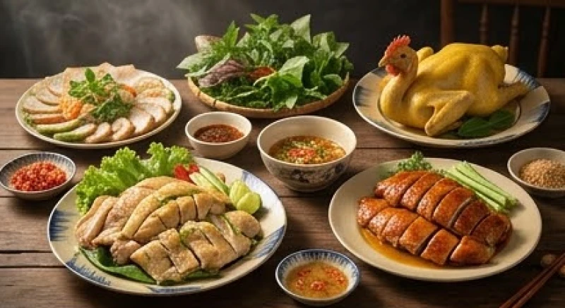 Bàn tiệc bày biện các món thịt gà vịt tươi ngon tượng trưng cho hỉ sự và điềm báo cát tường