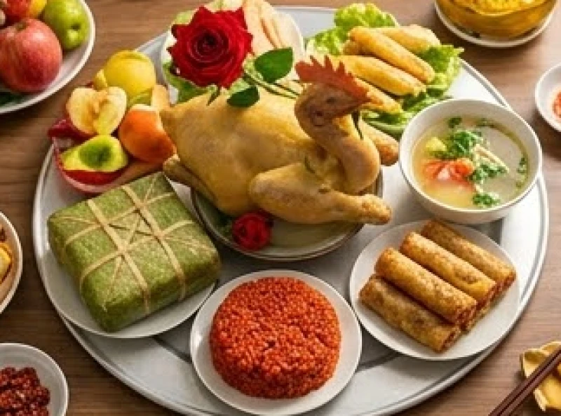 Văn khấn trưa 30 Tết: 3 bài cúng cổ truyền và trình tự hành lễ 4 Mâm cỗ mặn truyền thống cúng 30 Tết gồm xôi gấc, bánh chưng, nem rán và gà luộc ngậm hoa hồng tươi