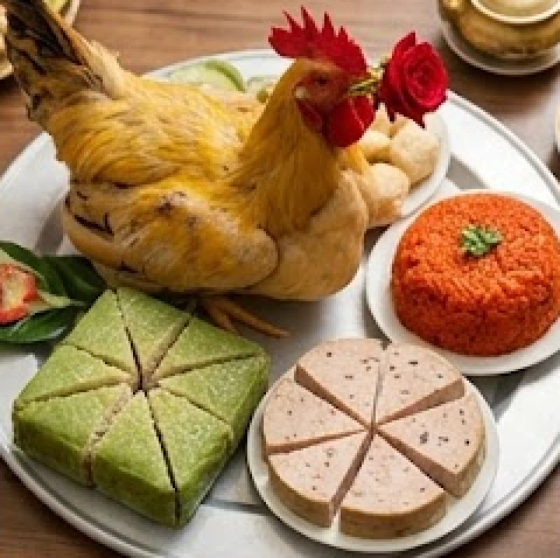 Mâm cỗ mặn cúng Tất niên với gà luộc ngậm hoa hồng, bánh chưng xanh và xôi gấc