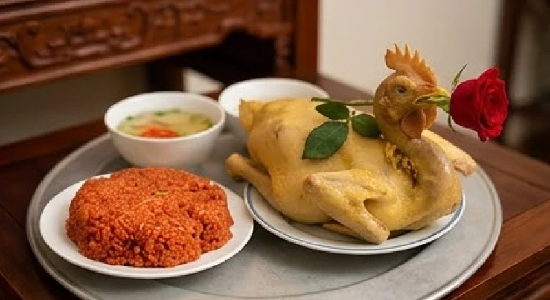 Mâm cúng mặn truyền thống với gà luộc ngậm hoa hồng và đĩa xôi gấc dâng lên tổ tiên