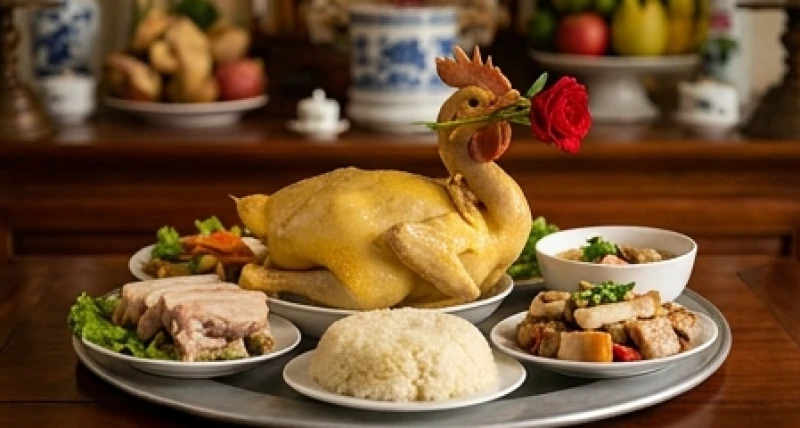 Mâm cỗ mặn truyền thống dịp hội làng nổi bật với gà trống tơ luộc chín tới ngậm hoa hồng đỏ bệ vệ trên ban thờ